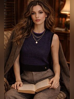 St. John Knit Sleeveless Sweater Shell Black Purple Luxe Textured Size M NWOT